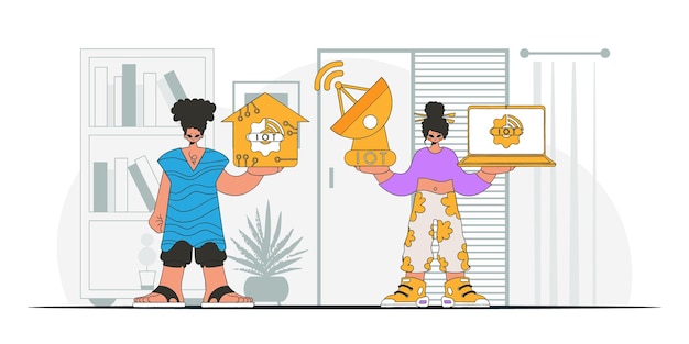 Chico y chica juntos son un equipo en la industria de Internet de las cosas, personajes modernos y de estilo vectorial.