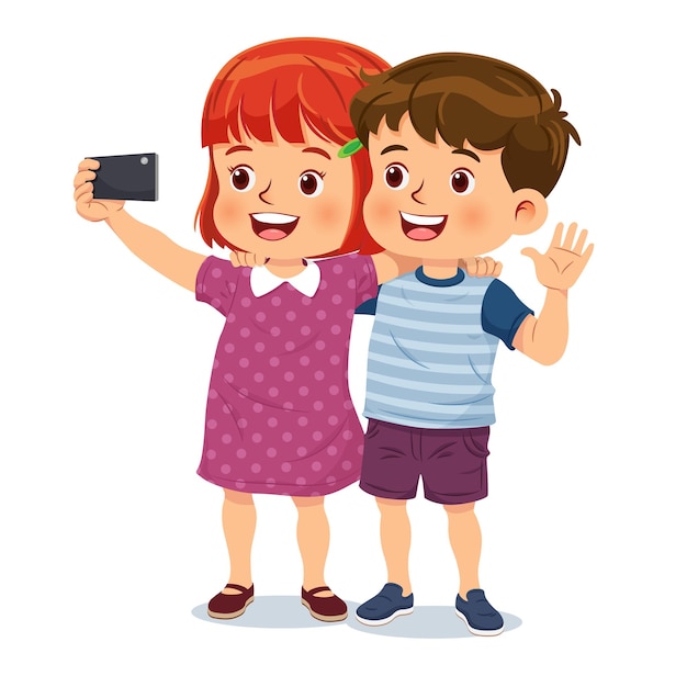 Vector chico y chica lindos están usando teléfonos inteligentes para tomarse una selfie juntos