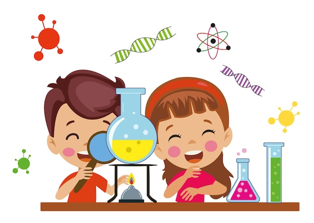 Chico y chica lindos haciendo experimentos científicos y estudiando
