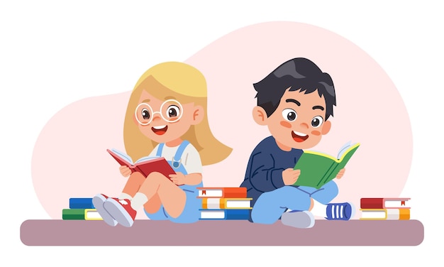 Un chico y una chica lindos leen libros juntos.