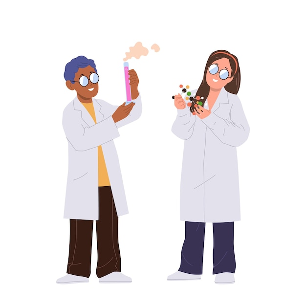 Chico y chica lindos niños científicos profesores de química y física personajes de dibujos animados aislados