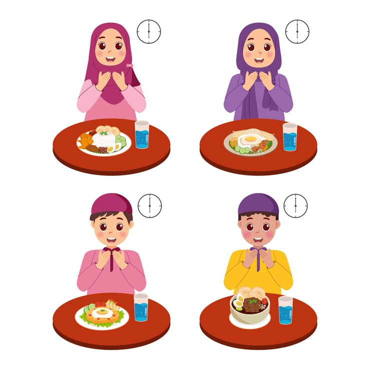Un chico y una chica musulmanes lindos haciendo Iftar en el Ramadán