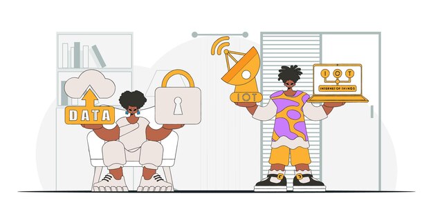 Chico y chica en el negocio de Internet de las cosas, diseño moderno de personajes vectoriales.