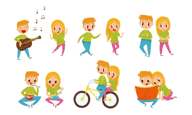 Chico y chica Personaje pasando tiempo juntos Ilustraciones vectoriales Conjunto Personajes de ojos grandes Cabalgando en bicicleta Leyendo libros Comiendo cereales Tocando guitarra Bailando