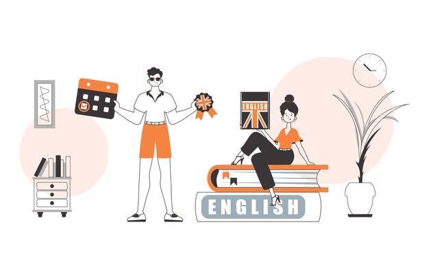 Chico y chica profesora de inglés El concepto de aprender un idioma extranjero Estilo lineal de moda