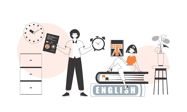 Chico y chica profesora de inglés El concepto de aprender un idioma extranjero Estilo lineal