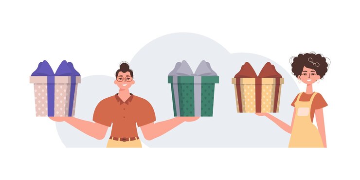 Vector el chico y la chica sostienen una caja de regalo festiva. concepto de regalo para navidad o año nuevo.