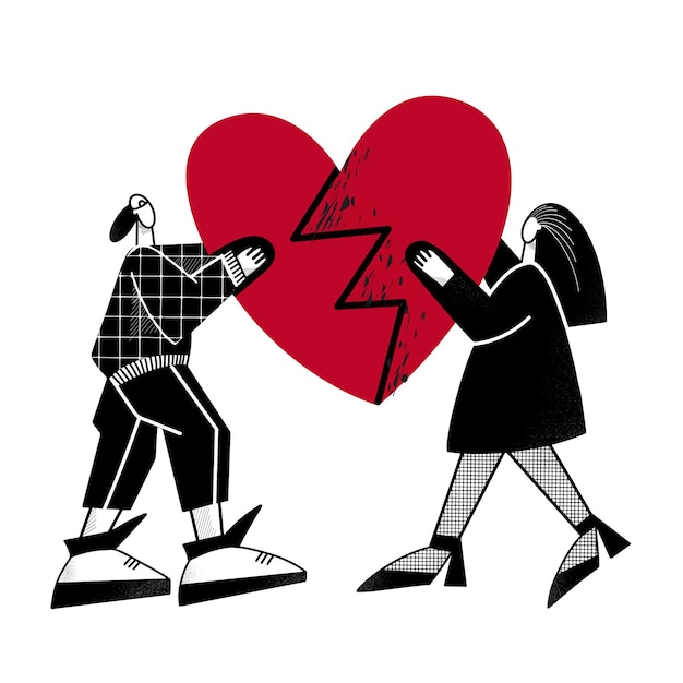 Un chico y una chica tienen el corazón roto. el concepto de romper una relación. ilustración de vector moderno. diseño para el día de san valentín