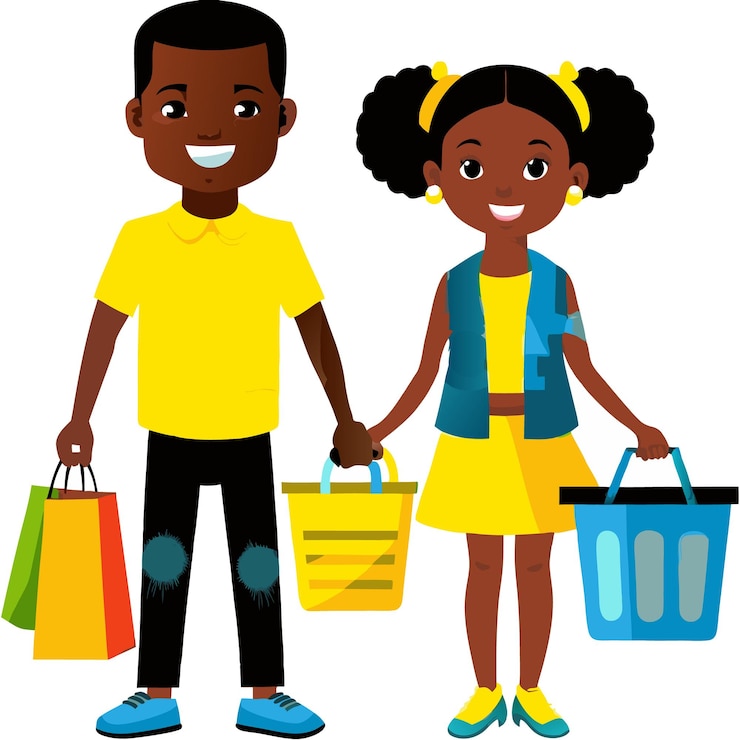 Vector un chico y una chica tomados de la mano y una niña con bolsas de compras