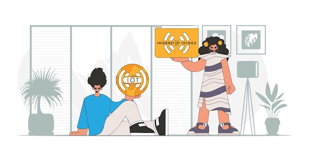 Chico y chica trabajan juntos en IoT, en un diseño moderno y elegante.