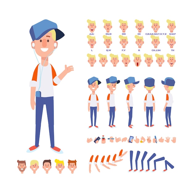Chico chico para animación con varios peinados emociones y gestos Vector de vista frontal lateral posterior