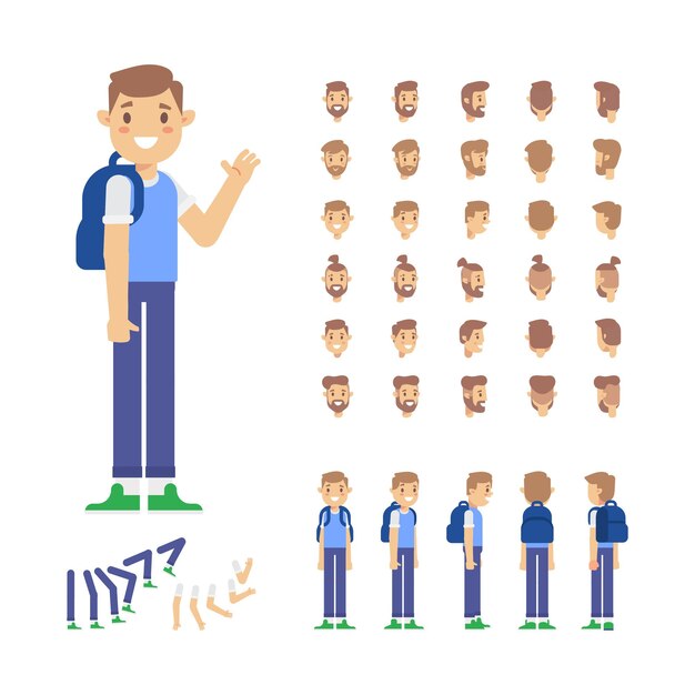 Chico chico para animación con varios peinados y gestos Vector de vista frontal lateral posterior