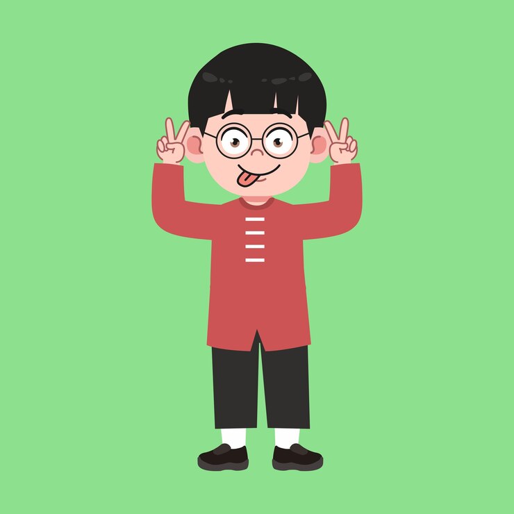 Vector chico chino con gafas bonitas y cabello negro caricatura cara absurda