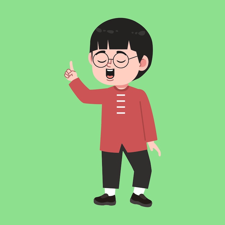 Vector chico chino con gafas bonitas y cabello negro de dibujos animados señalando con la mano