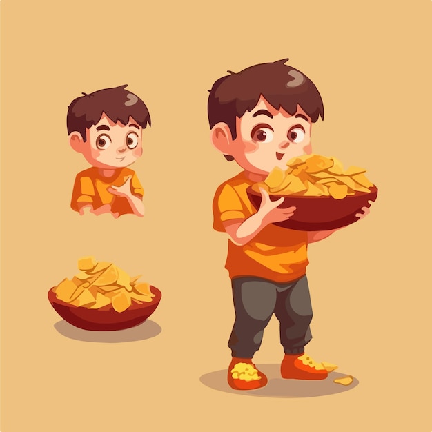 Chico con chips vector pose estilo de dibujos animados de niño joven