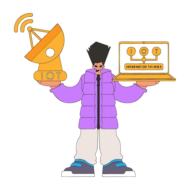 Chico con computadora portátil y antena parabólica para acceder al Internet de las cosas