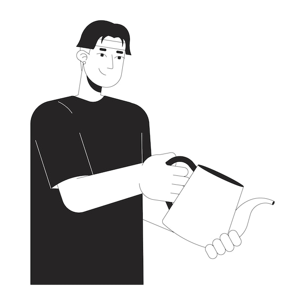 Un chico coreano con una lata de riego en blanco y negro. Un personaje de dibujos animados en 2D.
