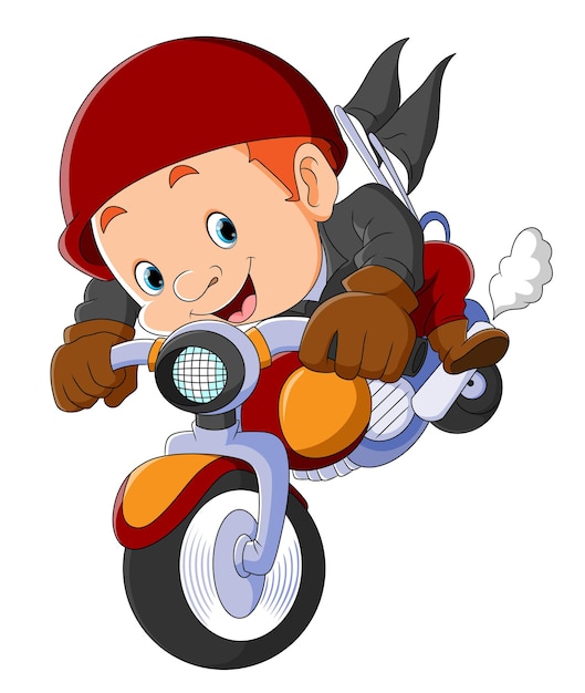 Vector el chico corredor con la moto rápida de la ilustración.