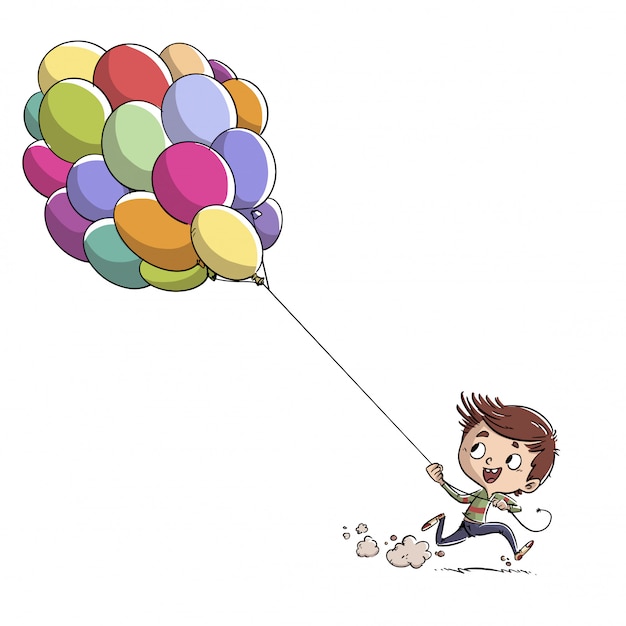 Vector chico corriendo con globos