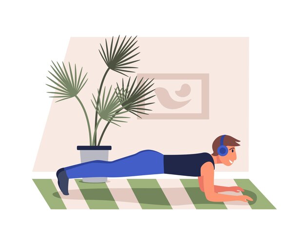 Chico de dibujos animados con auriculares haciendo ejercicio de tabla en casa Tiempo de entrenamiento Estilo de vida activo y saludable Yoga y fitness Ejercicio de actividad física en interiores Vector