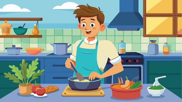 un chico de dibujos animados cocinando en una cocina con un personaje de dibuyos animados en la parte de atrás
