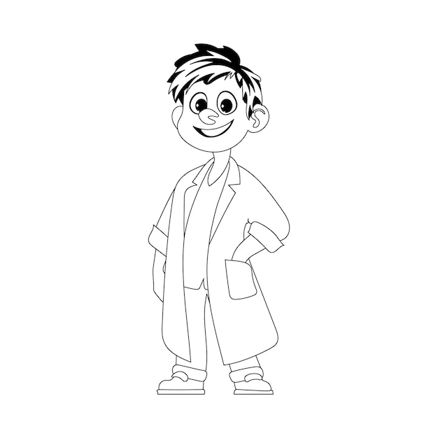 Un chico divertido y adorable que trabaja como profesional médico y lleva uniforme. Dibujo para colorear para niños