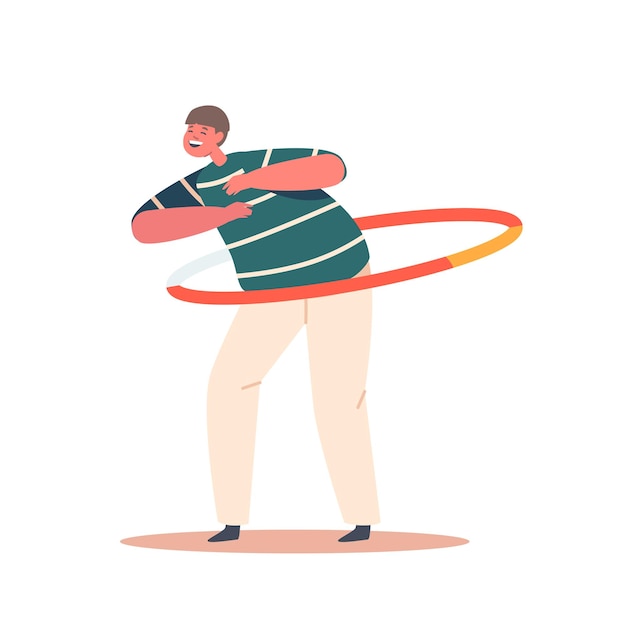 Chico divertido jugando con Hula Hoop aislado sobre fondo blanco. Niño personaje masculino rodando y girando el anillo.