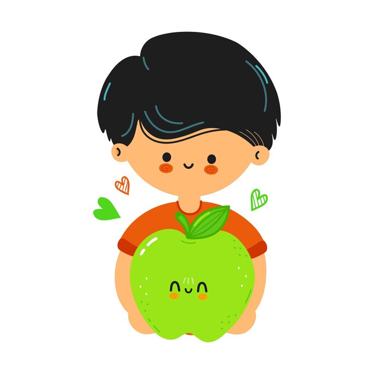 Chico divertido lindo sostener manzana verde en la mano