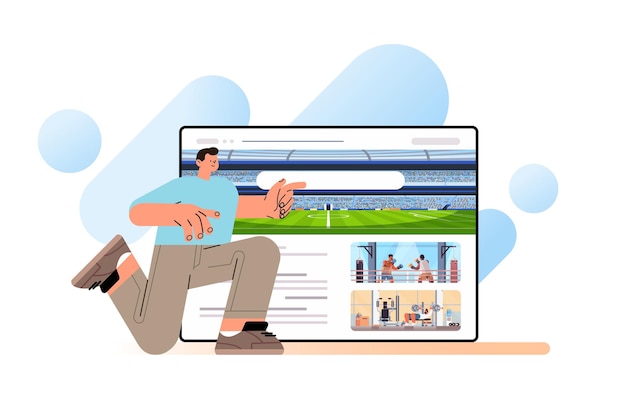 chico divertido mirando la pantalla de la pc con diferentes campeonatos deportivos eventos deportivos concepto horizontal vector ilustración