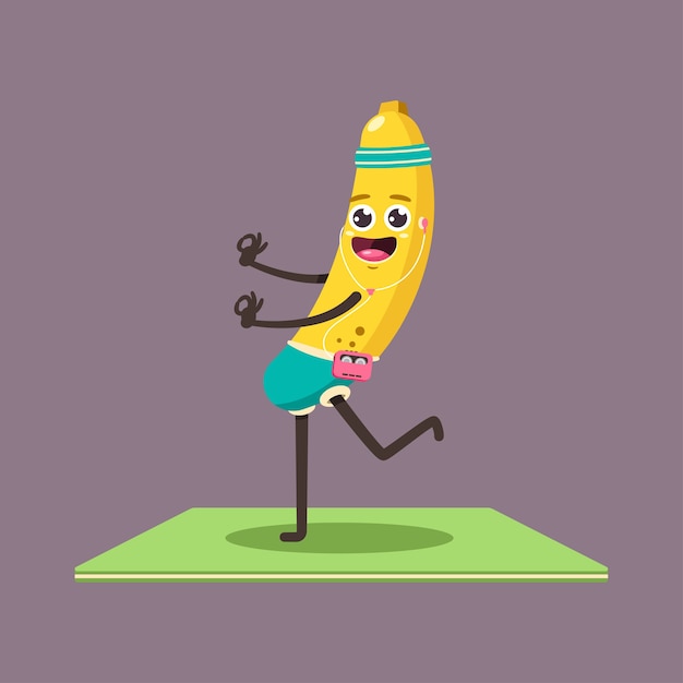 Chico divertido plátano en pose de yoga. fruta de dibujos animados lindo con personaje de jugador y auriculares aislado en un fondo.