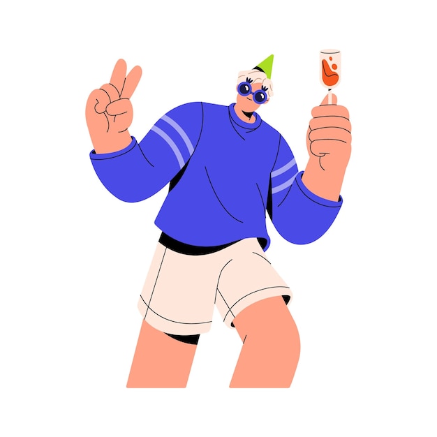 Chico divertido con sombrero de fiesta con gesto de saludo de paz Chico gracioso con gafas de sol sostiene una copa de champán navideña Evento festivo celebración de cumpleaños Ilustración vectorial aislada plana sobre fondo blanco