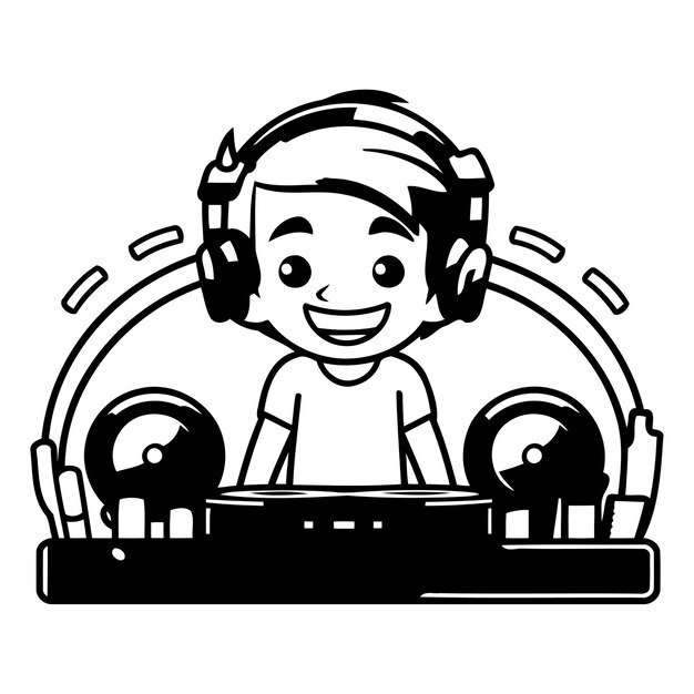 un chico DJ lindo tocando música con auriculares ilustración gráfica vectorial diseño gráfico ilustración vectorial