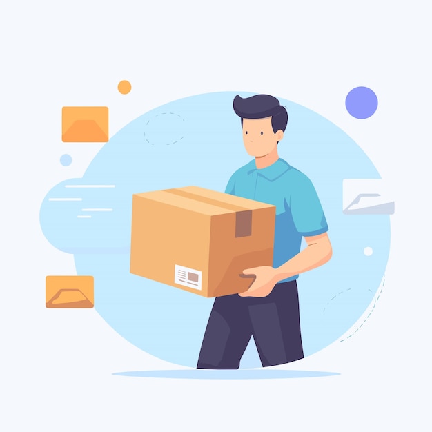 un chico de la entrega llevando una caja de ilustraciones vectoriales en fondo blanco