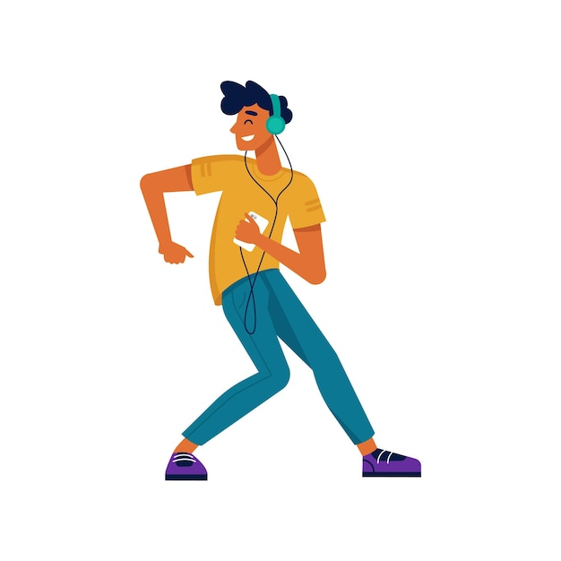 Chico escucha música y baila con auriculares de smartphone