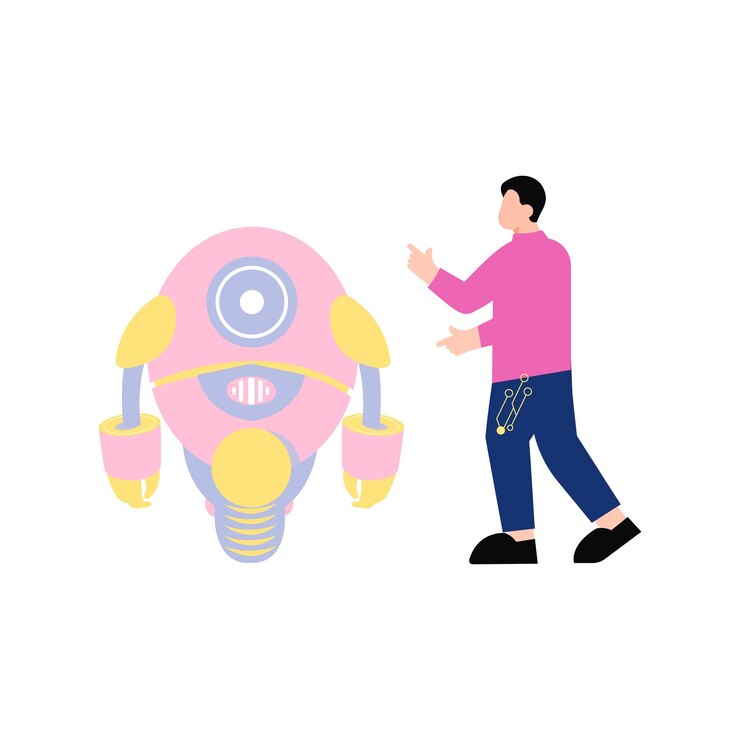 Vector el chico está señalando al robot de inteligencia.