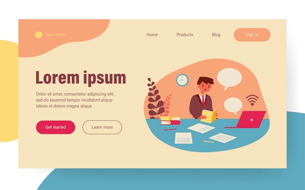 Chico estudiante que estudia en línea. Alumno, libro, computadora, ilustración de vector plano de burbujas de discurso. Aprendizaje a distancia, concepto de educación en el hogar para banner, diseño de sitios web o páginas de destino