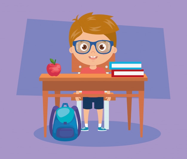 Chico estudiante sentado en el pupitre, ilustración de regreso a la escuela