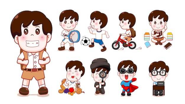 Chico estudiantes vector diseño de conjunto de caracteres Chicos personaje en artista ingeniero y uniforme de estudiante
