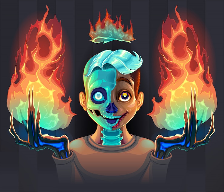 Vector chico fantasma con fuego en sus manos