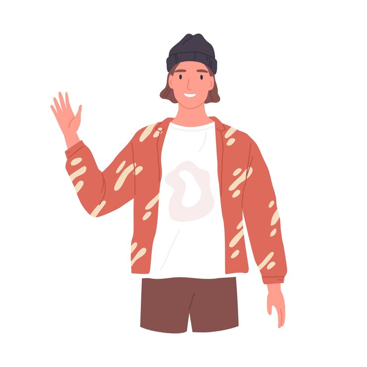 Vector chico feliz moderno saludando y saludando con la mano. un hombre amable y sonriente saludando y dando la bienvenida a smb con un gesto de hola. ilustración de vector plano coloreado aislado sobre fondo blanco.