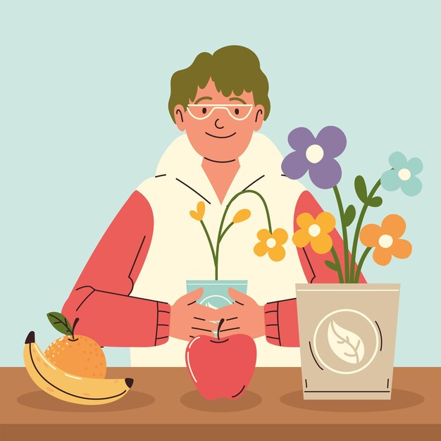 Chico con frutas y flores