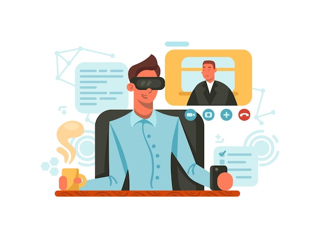 Chico con gafas de realidad virtual para comunicarse vía video. Ilustración vectorial