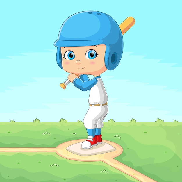 El chico genial está jugando béisbol en un campo de béisbol y está listo para golpear