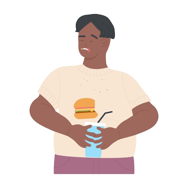 Un chico gordo comiendo comida rápida.