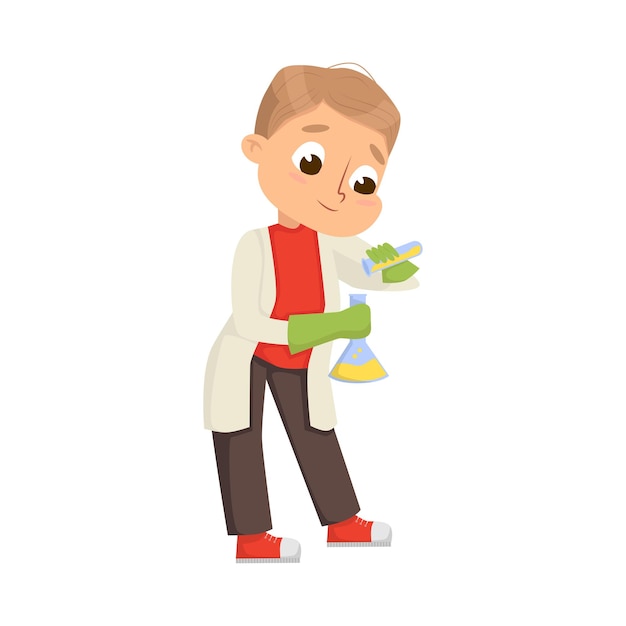 Un chico gracioso con una bata de laboratorio mezclando productos químicos en un frasco de vidrio. Ilustración vectorial
