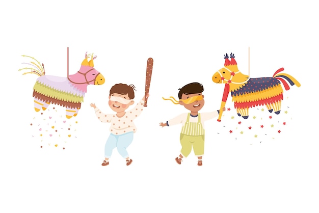 El chico gracioso golpeando y golpeando la piñata colgando de la cuerda con el conjunto de vectores de palos