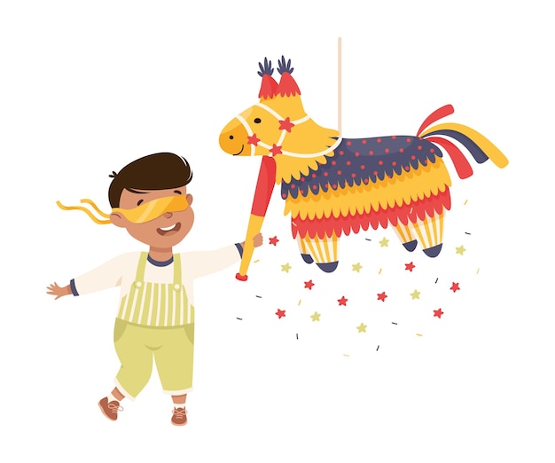 El chico gracioso golpeando y golpeando la piñata colgando de la cuerda con la ilustración vectorial del palo