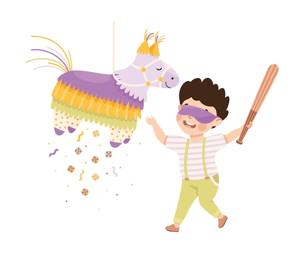 El chico gracioso golpeando y golpeando la piñata colgando de la cuerda con la ilustración vectorial del palo