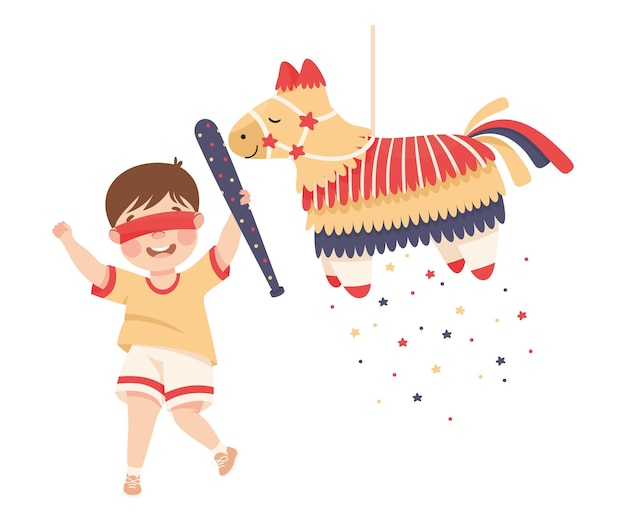 El chico gracioso golpeando y golpeando la piñata colgando de la cuerda con la ilustración vectorial del palo