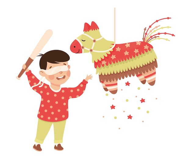 El chico gracioso golpeando y golpeando la piñata colgando de la cuerda con la ilustración vectorial del palo